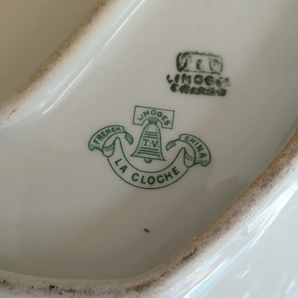 Antique Limoges porcelain navy white gold hand painted gravy boat tray la cloche